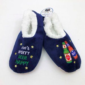 NWT Snoozies Men's Slippers Don't Worry Beer Happy Medium 9/10 Navy Blue